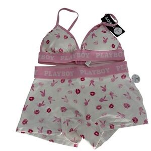 NWT Playboy pink white bra and boyshort set bunny logos /lips size Small 2-piece